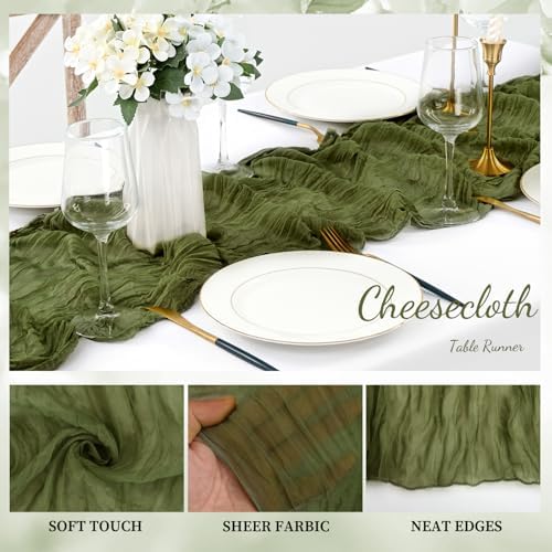 6 Pack Olive Green 10FT Cheesecloth Table Runner Rustic Gauze Cheese Cloth Table Runner for Wedding Bridal Baby Shower Table Decorations Boho Fabric Sheer Birthday Party Decor 20 x 120 Inch Long - Image 3
