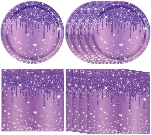 40 PCS Purple Birthday Decorations - Includes 20 Paper Plates and 20 Napkins Purple Silver Glitter Party Supplies for Girl Women’s 21st 30th 40th 50th 60th 70th 75th 80th Birthday,Serves 20 by Actoridae