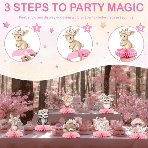 12 Pcs Girl Woodland Baby Shower Decorations - Pink Woodland Baby Shower Centerpieces for Tables - Woodland Animals Honeycomb Table Decor with Fox Deer Bunny Owl for Girl Baby Shower 1st Birthday - Image 2