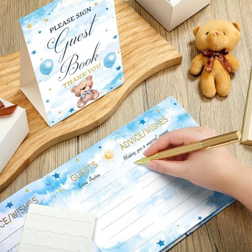 Fuyoooo 27 Pcs Blue Color Bear Baby Shower Guest Book Set Baby Shower Sign - Image 3