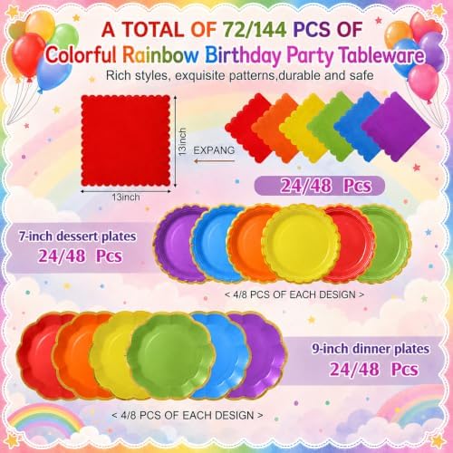 72 Pcs 24 Guests Rainbow Party Supplies Paper Plates and Napkins - Image 2