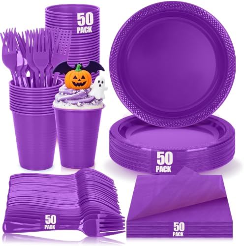 200pcs Purple Plastic Plates Party Supplies, Disposable Purple Party Plates, 50 of Each 9" Dinner Plate, Napkins, Cups & Cutlery Dinnerware Party Decorations for Birthday, Wedding, Halloween by UseOnceDoneRight