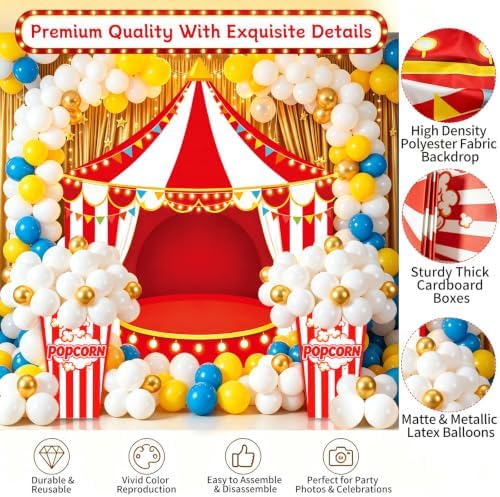 104 PCS Carnival Circus Party Decorations Set Backdrop, Includes Red White Tent Photo Background, Popcorn Boxes with 101 Balloon Kit, Carnival Theme Birthday Party Decor Supplies - Image 4
