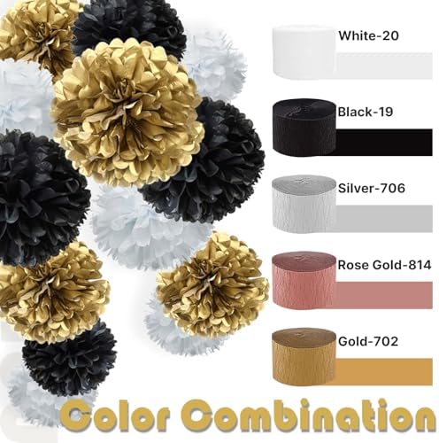 PartyWoo Black Gold Silver Crepe Paper Streamers 4 Rolls 328 ft Pack of Black Metallic Silver Gold Crepe Paper for Graduation New Year Birthday Party Decorations (1.8 Inch x 82 Ft/Roll) - Image 3