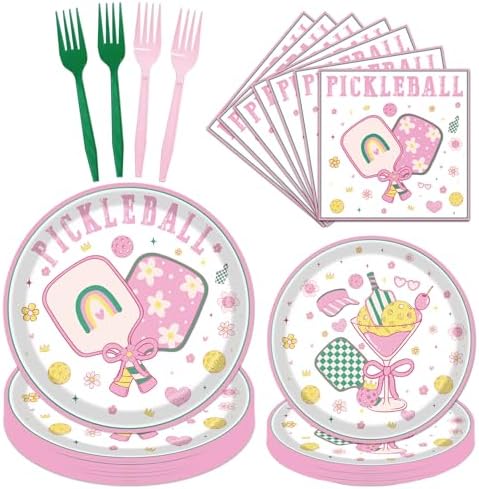 Pickleball Birthday Party Decorations Tableware, 96PCS Pickle Ball Disposable Pink Paper Plates and Napkins Decoration, Ball Theme Forks Decor Supplies Serve for 24 Guest by Pinglooko
