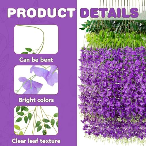Alotiki Purple Wisteria Hanging Flowers, 48 Pack Fake Hanging Flowers - Image 3
