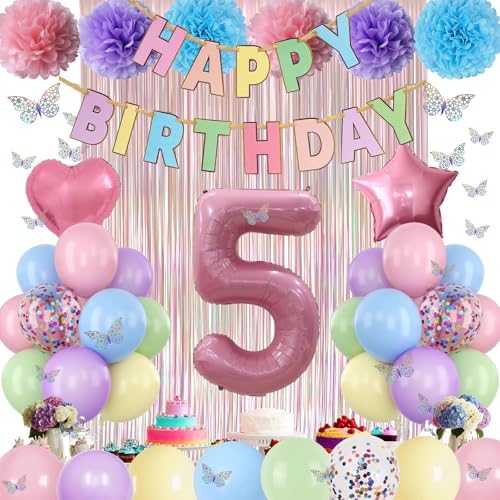 Pastel 5th Birthday Colorful Party Decorations Girls Pink Number 5 Balloon - Image 6