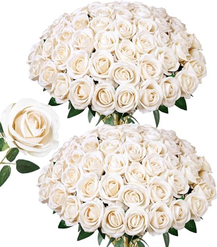 50 PCS Champagne Roses Artificial Flowers, Fake Roses with Stem Realistic Silk Rose for DIY Wedding Bouquets Table Centerpieces Arrangements Baby Shower Birthday Home Decor Valentines Day Gift for Her by HyeFloraartificialflowers