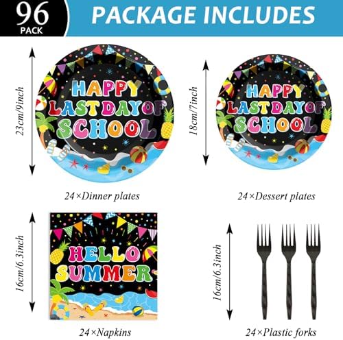 96 Pcs Happy Last Day of School Paper Party Plates and Napkins for Summer Vacation Supplies Summer End of School Year Theme Dessert Tableware Set for 24 Guests Birthday Party Decorations - Image 2