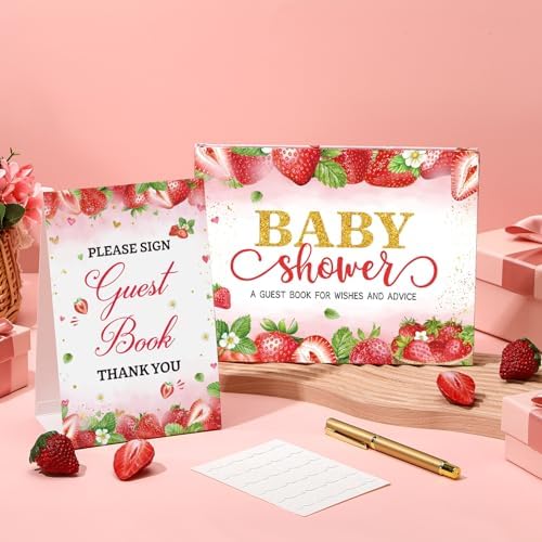 Fuyoooo Strawberry Baby Shower Guest Book with Gold Pen - Image 2
