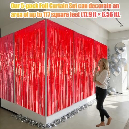 5 Pack 3.28ft x 6.56ft Shiny Red Tinsel Foil Fringe Curtains - Image 3