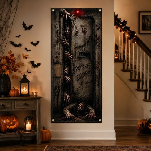 Halloween Haunted Asylum Door Banner 35.4 x 78.7 Inch Polyester Door Cover, Horror Patient Room Entrance Decoration for Front Door Porch Entryway, Halloween Home Decor - Image 6