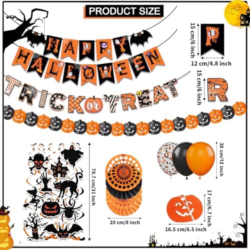 Fecedy Black Orange Happy Halloween Trick or Treat Banner Paper Fan Balloons & Swirl Streamers Goul Bat Cat Bird Ghost Pumpkin Lantern for Halloween Decorations - Image 2
