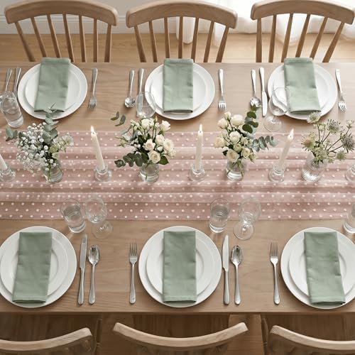 Artoid Mode Pink Gauze Flocking White Dots Table Runner 10FT,Seasonal Sheer Dining Table Decor for Wedding Anniversary Holiday Birthday Home Party - Image 5