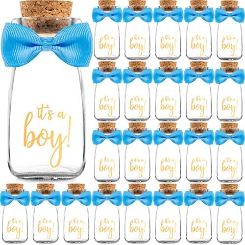 Ethisa Vintage 24 Pack It's a Boy Milk Glass Bottles with Ribbons and Stickers - Classy Baby Shower Favors for Guests and Table Centerpieces - Gender Reveal Boy Decorations - Baby Shower Candy Jar by Ethisa