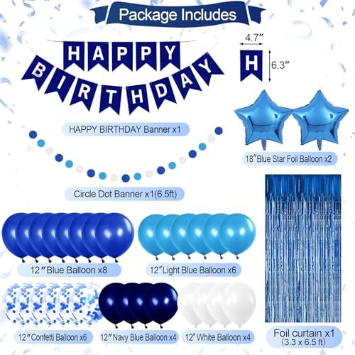 Blue Birthday Party Decorations for Boys Men Happy Birthday Banner Balloons Navy Royal Light Blue Pom Poms Foil Curtain Décor Party Decorations for Baby Boy - Image 2