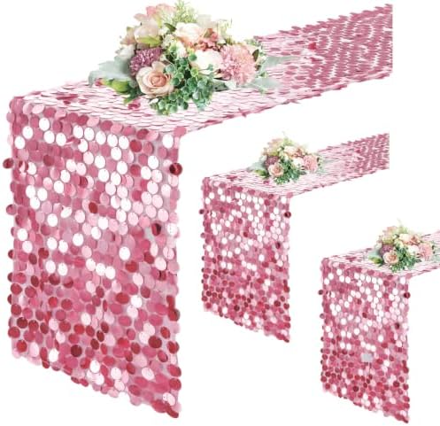 Pufogu 12 "x 108" Pink Premium Big Payette Sequin Overlay Linens mesh Table Runner, Rectangle Glitter Table Runner for Wedding Party, Birthday Party, Banquet Decor (3 Pack). by Pufogu