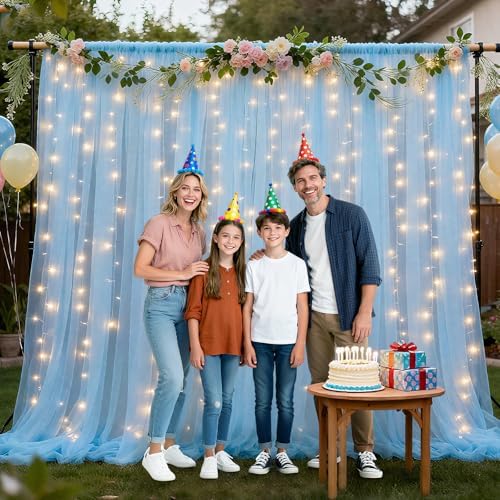 Ledido 10×10ft Blue Tulle Backdrop Curtain with Light(4 Panels 5×10ft) - Image 6