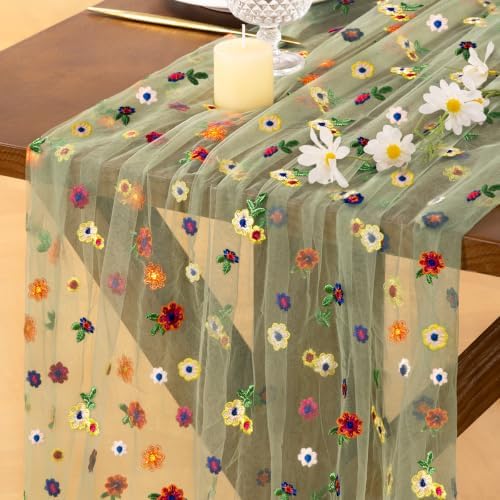 Flower Table Runner Fall Daisy Floral Tulle Cheesecloth Wedding Decor by Socomi