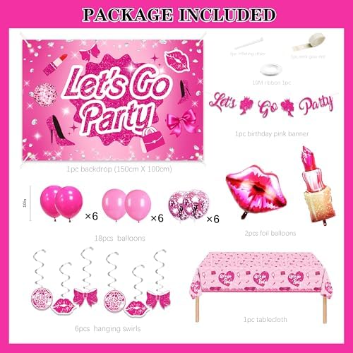 Hot Pink Party Decorations For Girls,Banner,Pink Balloons,Tablecloth,Paper pom poms Party Supplies for Women - Image 2