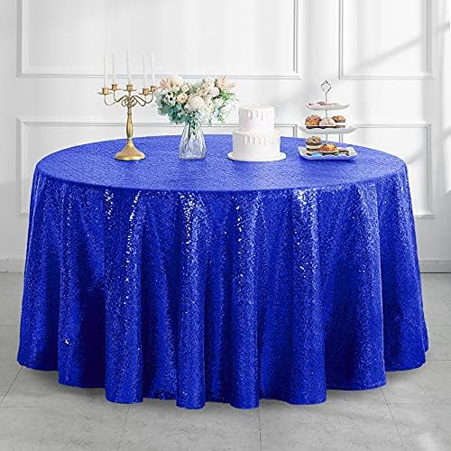 Pufogu 120" Round Royal Blue Sequin Tablecloth Glitter White Table Cloths for Birthday Wedding Bridal Baby Shower Party Decorations by Pufogu