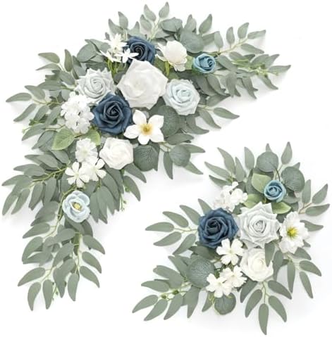 Faux Flower Swag Set of 2 for Wedding Welcome Signs Floral Swag Wedding Reception Ceremony Signs Decor (A-White Blue) by Piklado