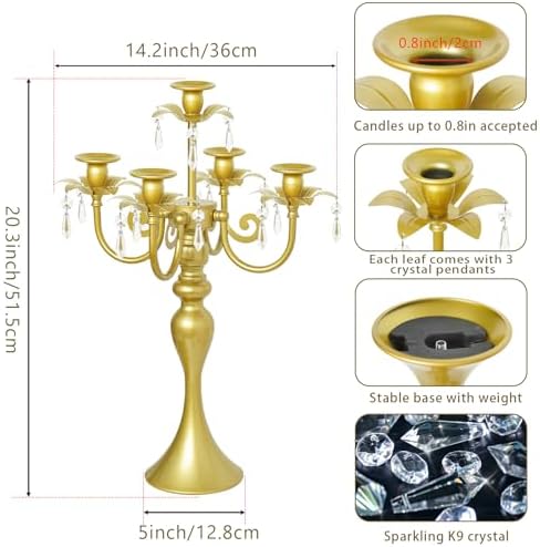 20.3'' Tall 5 Arm Silver Candelabra Centerpiece for Table, Metal Candelabra Candle Holder, Retro Candelabra Table Centerpieces for Party, Events, Home, Wedding Decor (2, Pure Gold, 5 arm) - Image 2