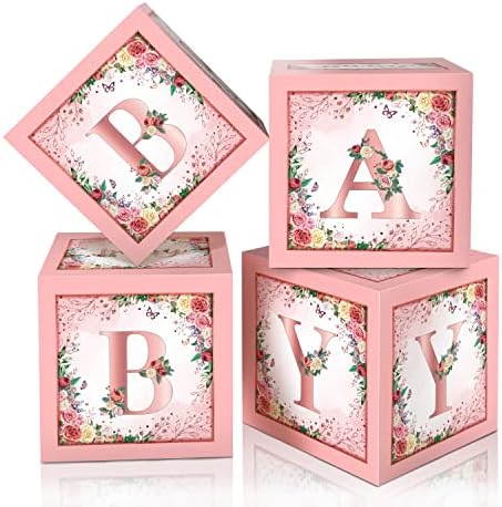 Floral Pink Baby Shower Boxes, 4 Pcs Baby Blocks with Letters by WHYMEO