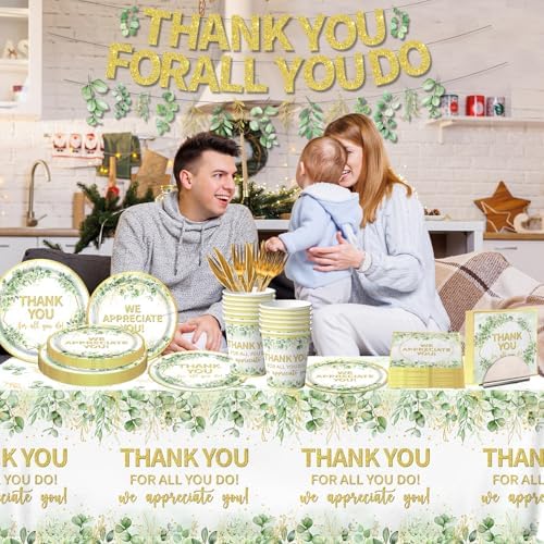 We Appreciate You Decorations - Sage Green Thank You Party Plates,Napkins,Banner Spring Eucalyptus Thank You for All You Do Table Decoration for Employee Teacher Graduation Appreciation Party - Image 3