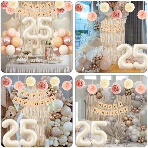 Beige Happy 25th Birthday Party Decoration for Her Cream Number 25 Balloon - Image 6