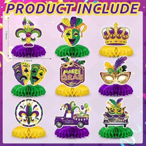 Mardi Gras Party Decorations,9 Pcs Mardi Gras Honeycomb Table Decor,Double Side Mask Crown Table Centerpieces for Carnival Holiday Masquerade New Orleans Party Supplies Decorations - Image 2