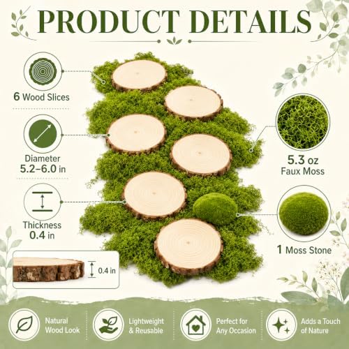 8 Pack Wood Centerpieces for Tables, Woodland Table Centerpieces Set with Wood Slices, Artificial Moss & Moss Stone, Enchanted Forest Decorations, Rustic Wedding Party Decor DIY Craft Kit(5.2-6.0'') - Image 2
