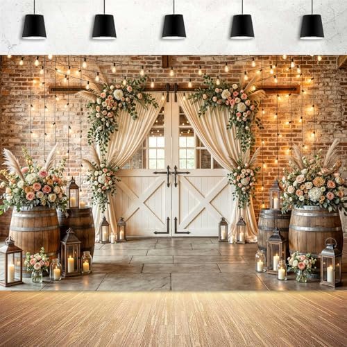 7X5Ft Country Wedding Photography Backdrop Brick Stone Wall Backdrop Photography Country Farmhouse Barn Door Floral Birthday Baby Shower Wedding Bridal Party Banner Photo Booth Props Background by Viajar