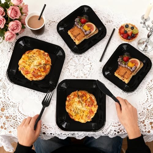 129 PCS Black Disposable Dinnerware Set for 16 People, Party Supplies with 7"/9"Paper Plates, Cups, Napkins, Plastic Forks, Knives,Tablecloth for Wedding Birthday, Graduation, Festivals - Image 5