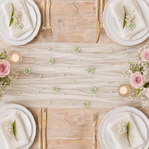 Artoid Mode Sage Green Flower Pearl White Gauze Table Runner 10FT, Seasonal Sheer Dining Holiday Wedding Birthday Baby Shower Table Decor for Home Party - Image 6