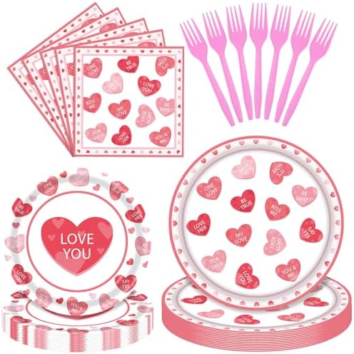 96 Pieces Valentine’s Day Tableware Set – Red and Pink Heart Message Disposable Plates, Napkins, Forks For Valentine’s Parties, Weddings, Anniversaries, Romantic Dinners – Serves 24 Guests by GistomeHome