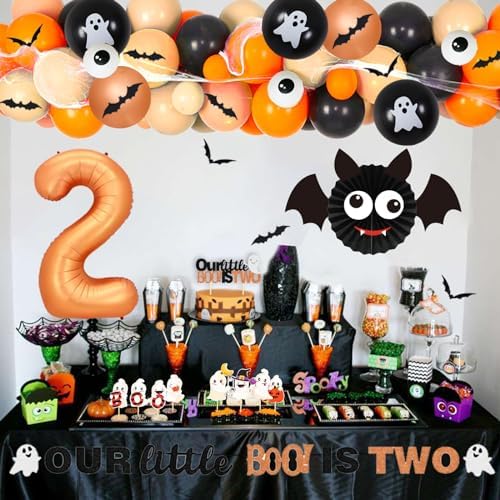 Our Little Boo Is Turning Two Decorations Halloween 2nd Birthday Two Spooky Orange Black Balloon Arch Number 2 Foil Balloon Banner Cake Cupcake Toppers Halloween Spider Decorations - Image 3