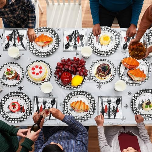 Funnymoom 452 Pcs Christmas Tree Party Supplies for 50, Black Buffalo Plaid Gingham Christmas Paper Plates Napkins Cups Tablecloth Cutlery Straws Tableware Set for Xmas Holiday Party Decorations - Image 6