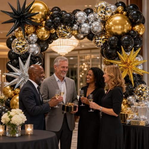 137Pcs Black Gold and Silver Balloons Garland Arch Kit with Stars - 5 10 12 18 inch Black Gold Silver Latex Party Balloons for New Year Birthday 2026 Graduation Retirement Party Decoration - Image 6