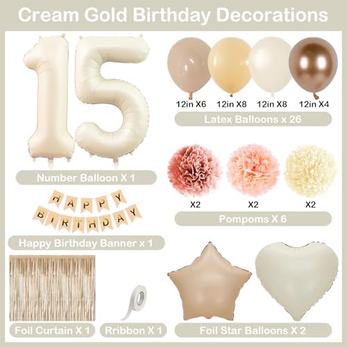 Beige Happy 15th Birthday Party Decoration Girls Cream Number 15 Balloon - Image 4