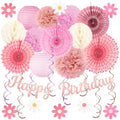 Pink Birthday Party-Decorations - 29pcs Beige Rose Gold Party Decorations for Women Girls, Happy Birthday Banner Paper Daisy Flower Streamers Lanterns Tissue Pom Poms - ZERODECO by ZERODECO