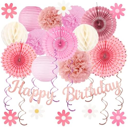 Pink Birthday Party-Decorations - 29pcs Beige Rose Gold Party Decorations for Women Girls, Happy Birthday Banner Paper Daisy Flower Streamers Lanterns Tissue Pom Poms - ZERODECO by ZERODECO