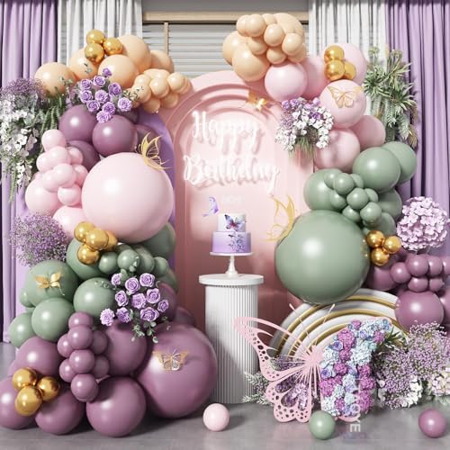 Dusty Green Purple Pink Balloon Arch Kit Fairy Wonderland Birthday Party Decorations Fairy Balloon Garland Dusty Green Pastel Pink Lavender Purple Balloons for Girls Fairytale Tea Party Supplies by TAOYE