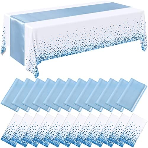 Breling 24 Pack Baby Blue and White Tablecloths and Satin Table Runner Set by Breling