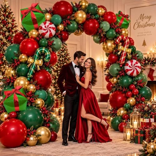 Green and Red Christmas Balloons Double Stuffed Pearl Dark Red Green Gold Balloon Garland Arch Kit Candy Cane Box Balloons for Happy Christmas Holiday New Year Birthday Party Decorations - Image 2