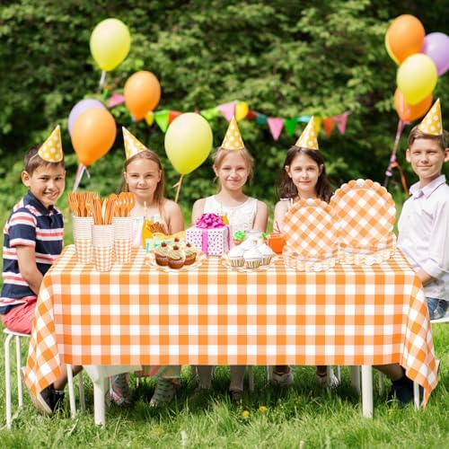 WNINK 175 PCS Orange Gingham Plates and Napkins, Orange Checkered Disposable Plates Set with Napkins Cups Plastic Spoons Forks Knives for Dinner Birthday Baby Shower Wedding Supplies Serve 25 Guests - Image 7