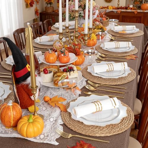 WDF 350PCS White and Gold Plastic Plates - Gold Plates Disposable 50Guest Plastic Dinnerware Ideal for Party/Wedding/Birthday/Thanksgiving/Fall/Rosh Hashanah - Image 4