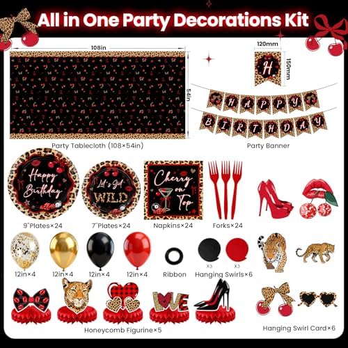Cheetah Cherry Birthday Decorations Leopard Party Supplies Serve 24 - Image 3