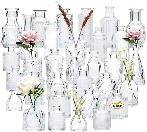 Small Glass Vases for Flowers, 32pcs Clear Mini Bud Vases in Bulk by Brajttt