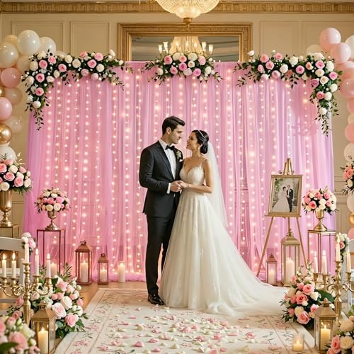 10ft×12ft Pink Tulle Backdrop Curtains with Lights String for Parites Pink Sheer Backdrop Curtains for Baby Shower Girls Birthday Party Wedding Bridal Shower Photo Shoot Background 2 Panels 5×12ft - Image 2